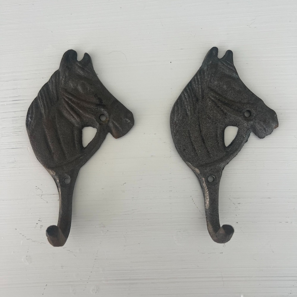 Cast Iron Set of Horse Wall Hooks Western Farmhouse Rustic Equestrian Country
